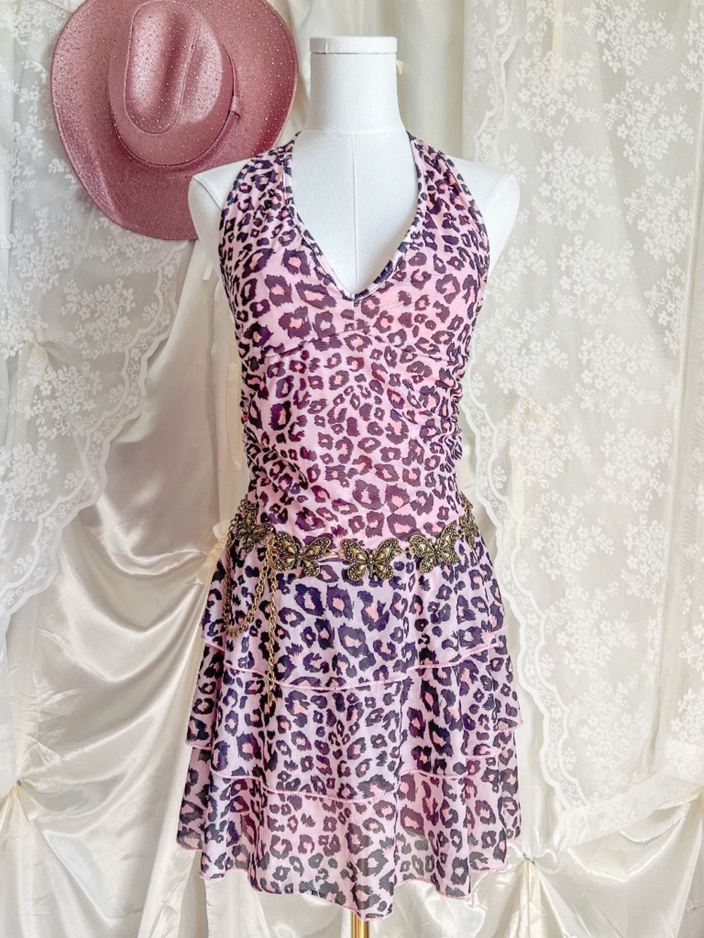 Y2K Style Pink Leopard Print Ruffle Mini Dress Halter Fairy Grunge